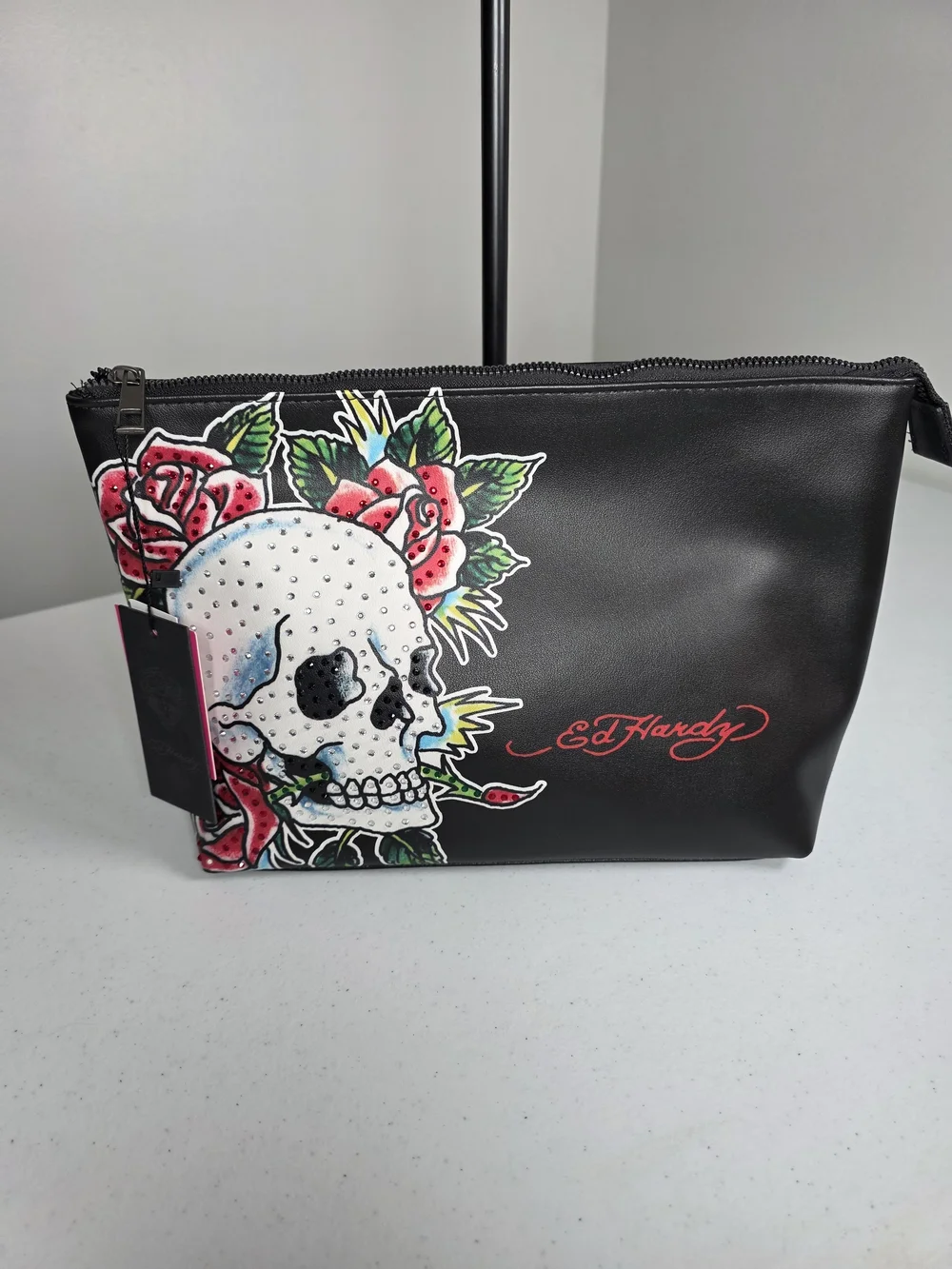 Ed Hardy Black Cosmetic Pouch with Skull & Red Rose Graphic